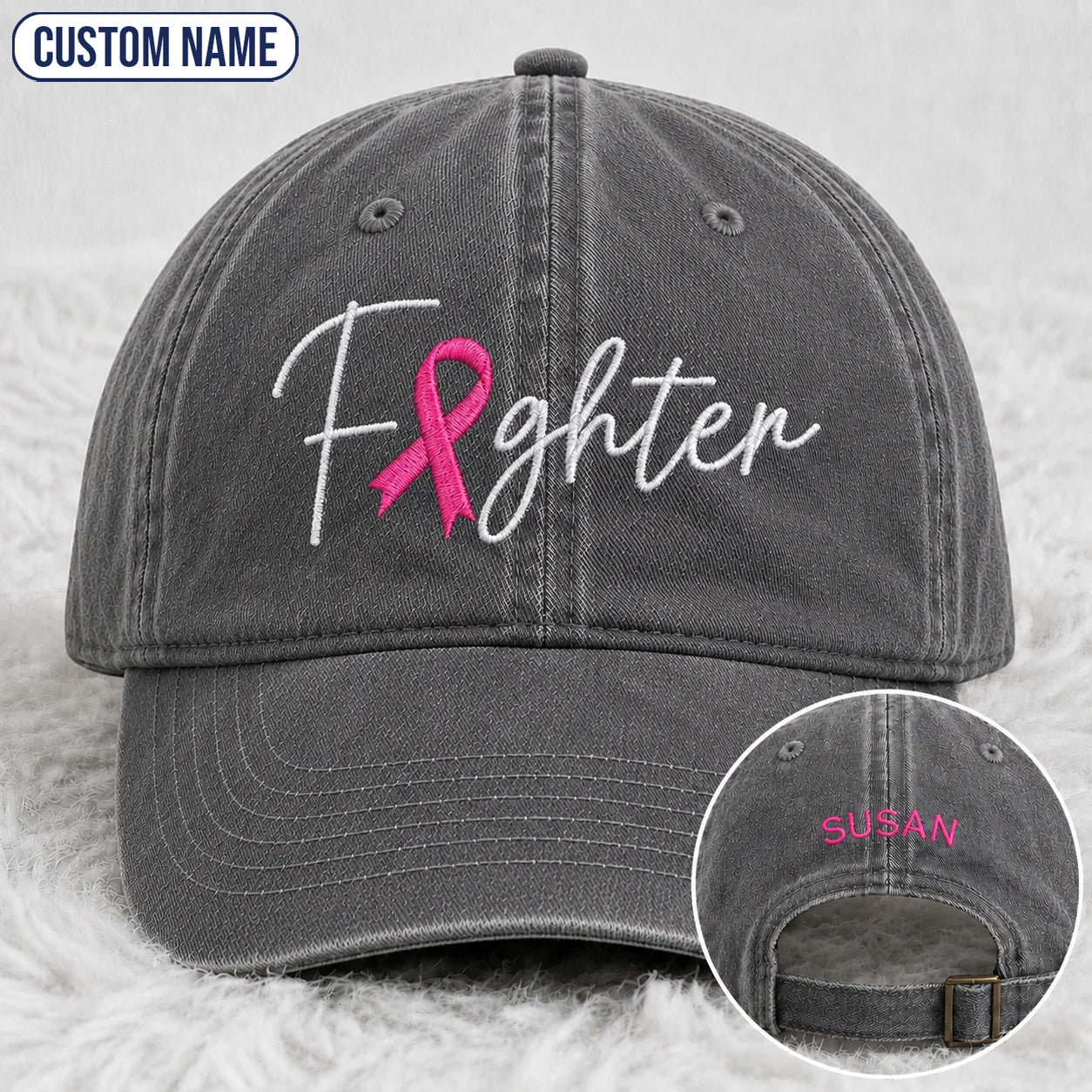 Personalized Fighter Pink Ribbon Embroidered Washed Cap V2, Awareness Gift