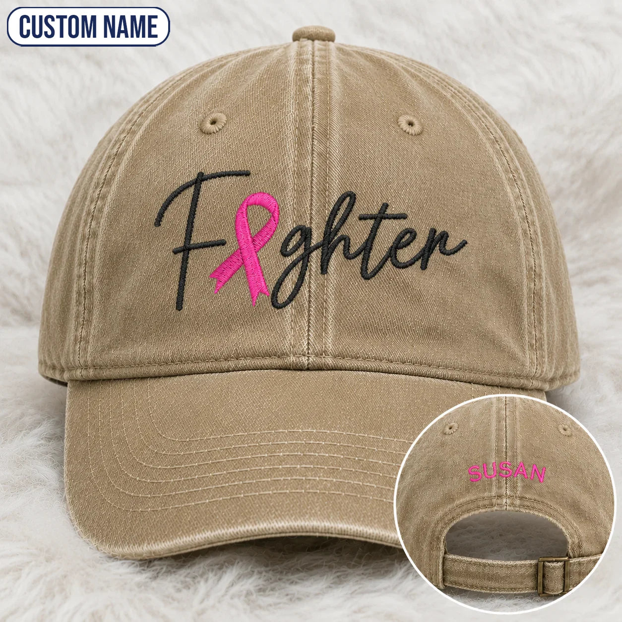 Personalized Fighter Pink Ribbon Embroidered Washed Cap V2, Awareness Gift