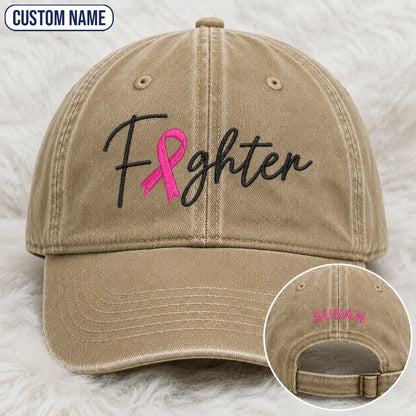 Personalized Fighter Pink Ribbon Embroidered Washed Cap V2, Awareness Gift
