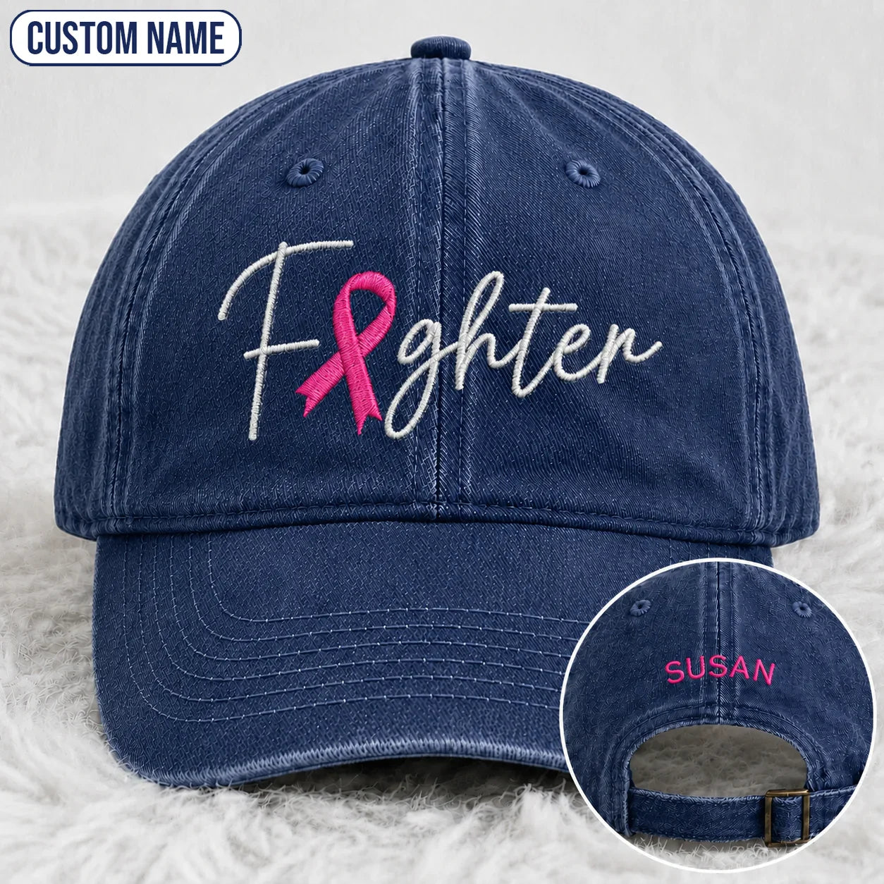 Personalized Fighter Pink Ribbon Embroidered Washed Cap V2, Awareness Gift