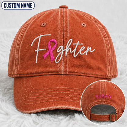 Personalized Fighter Pink Ribbon Embroidered Washed Cap V2, Awareness Gift