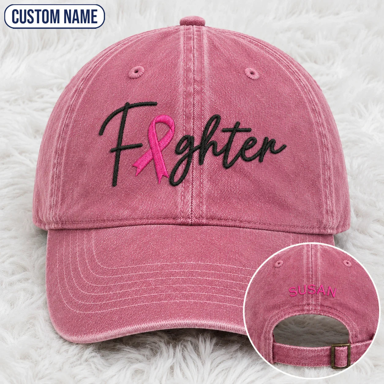 Personalized Fighter Pink Ribbon Embroidered Washed Cap V2, Awareness Gift