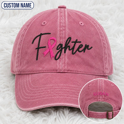 Personalized Fighter Pink Ribbon Embroidered Washed Cap V2, Awareness Gift