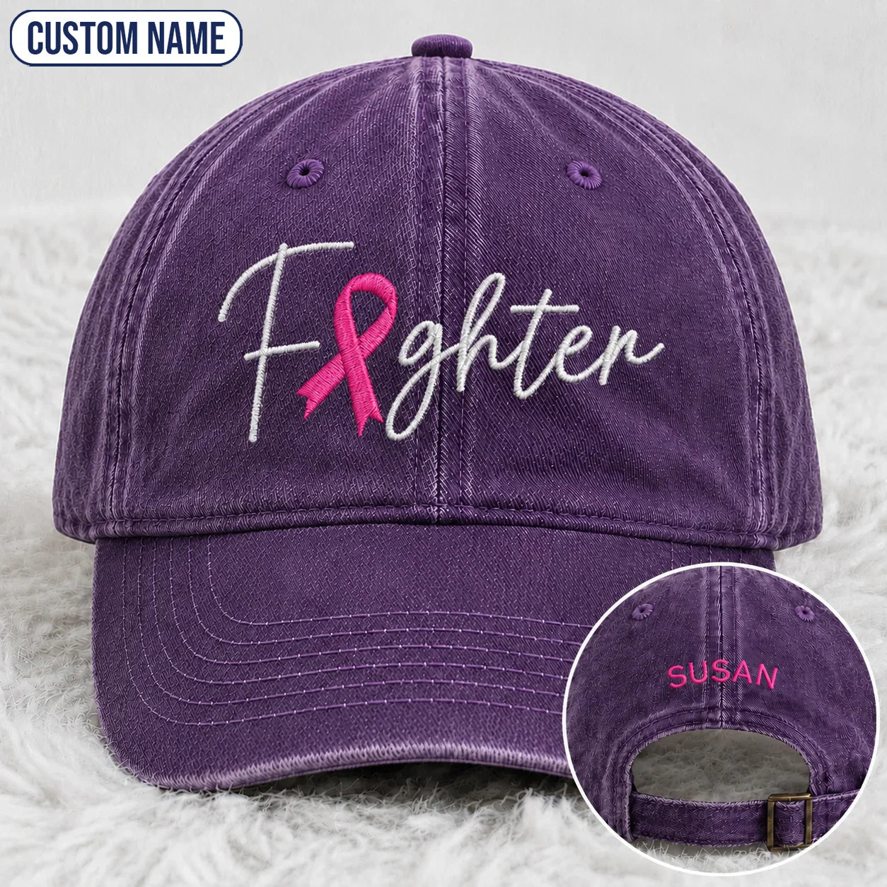 Personalized Fighter Pink Ribbon Embroidered Washed Cap V2, Awareness Gift