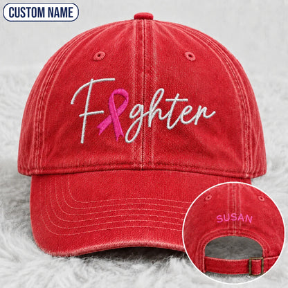 Personalized Fighter Pink Ribbon Embroidered Washed Cap V2, Awareness Gift