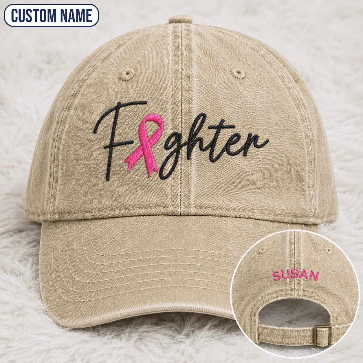 Personalized Fighter Pink Ribbon Embroidered Washed Cap V2, Awareness Gift