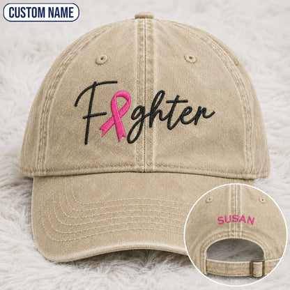 Personalized Fighter Pink Ribbon Embroidered Washed Cap V2, Awareness Gift