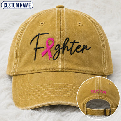 Personalized Fighter Pink Ribbon Embroidered Washed Cap V2, Awareness Gift