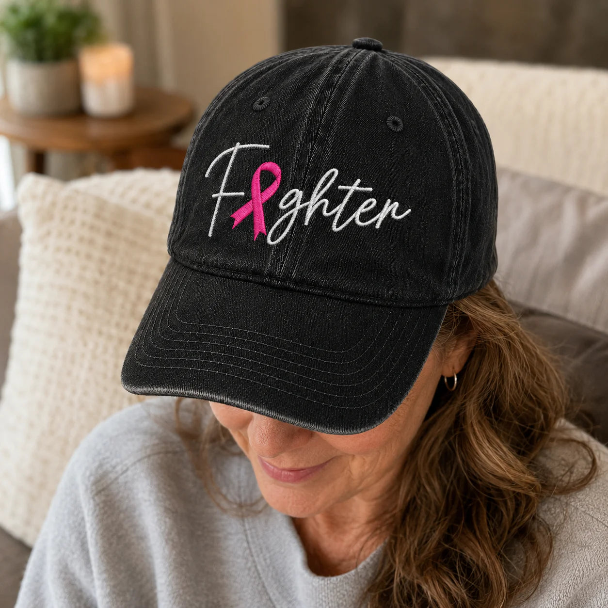 Personalized Fighter Pink Ribbon Embroidered Washed Cap V2, Awareness Gift