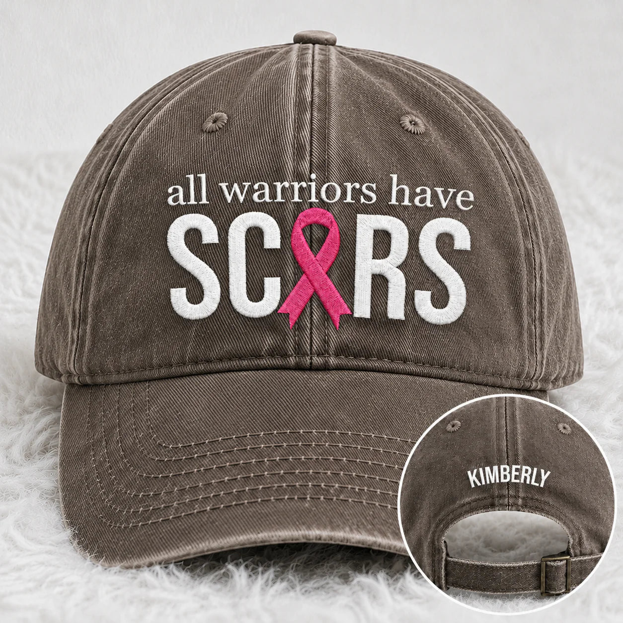 Personalized All Warriors Have Scars Pink Ribbon Embroidered Washed Cap, Awareness Gift
