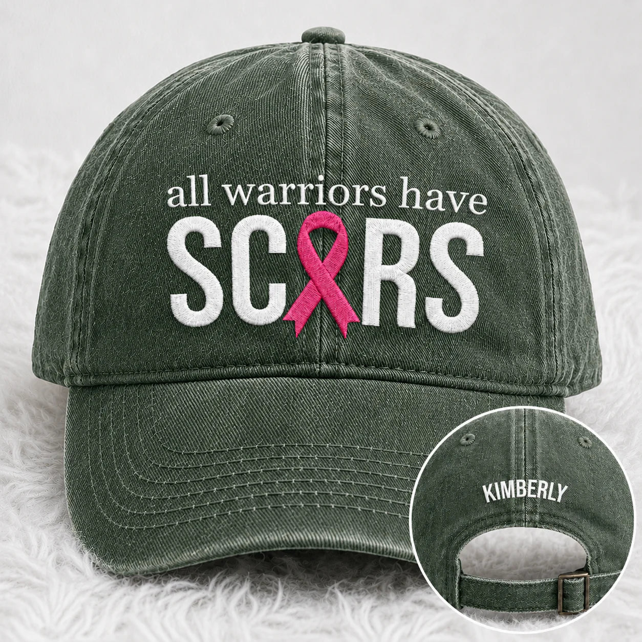 Personalized All Warriors Have Scars Pink Ribbon Embroidered Washed Cap, Awareness Gift
