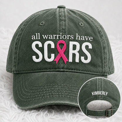 Personalized All Warriors Have Scars Pink Ribbon Embroidered Washed Cap, Awareness Gift