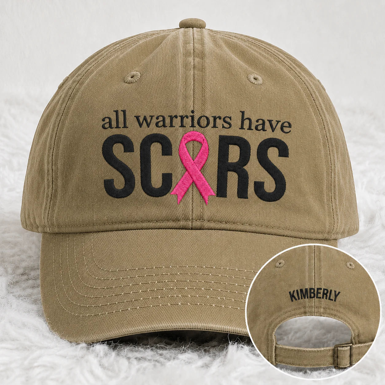 Personalized All Warriors Have Scars Pink Ribbon Embroidered Washed Cap, Awareness Gift