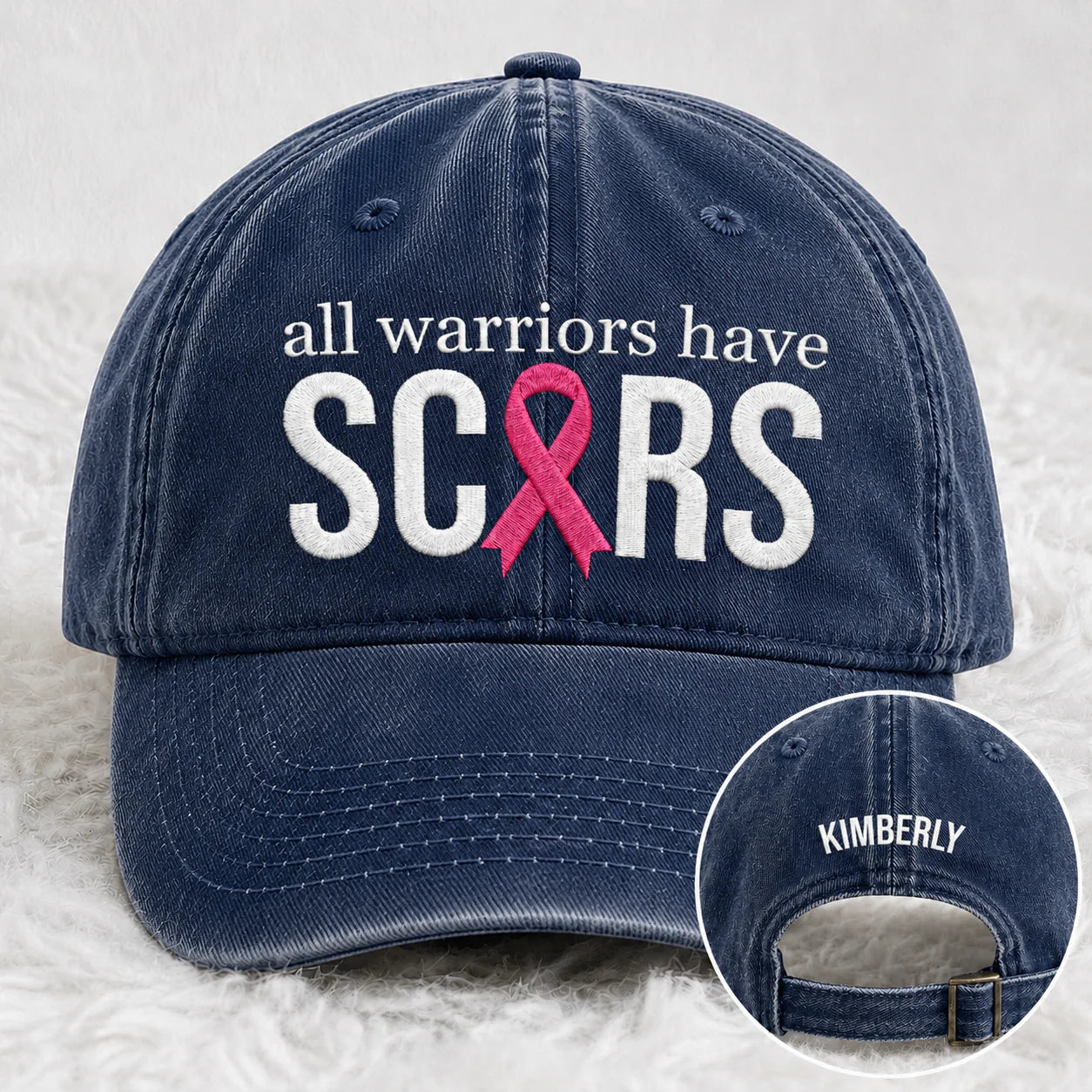 Personalized All Warriors Have Scars Pink Ribbon Embroidered Washed Cap, Awareness Gift