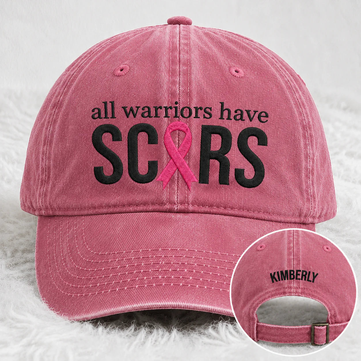 Personalized All Warriors Have Scars Pink Ribbon Embroidered Washed Cap, Awareness Gift