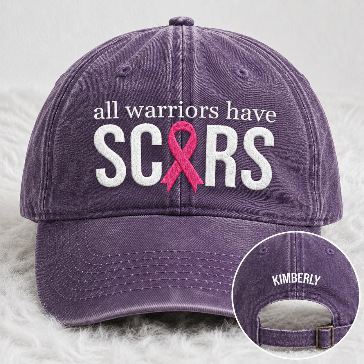 Personalized All Warriors Have Scars Pink Ribbon Embroidered Washed Cap, Awareness Gift