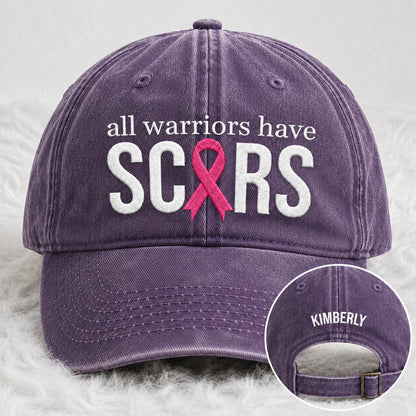 Personalized All Warriors Have Scars Pink Ribbon Embroidered Washed Cap, Awareness Gift