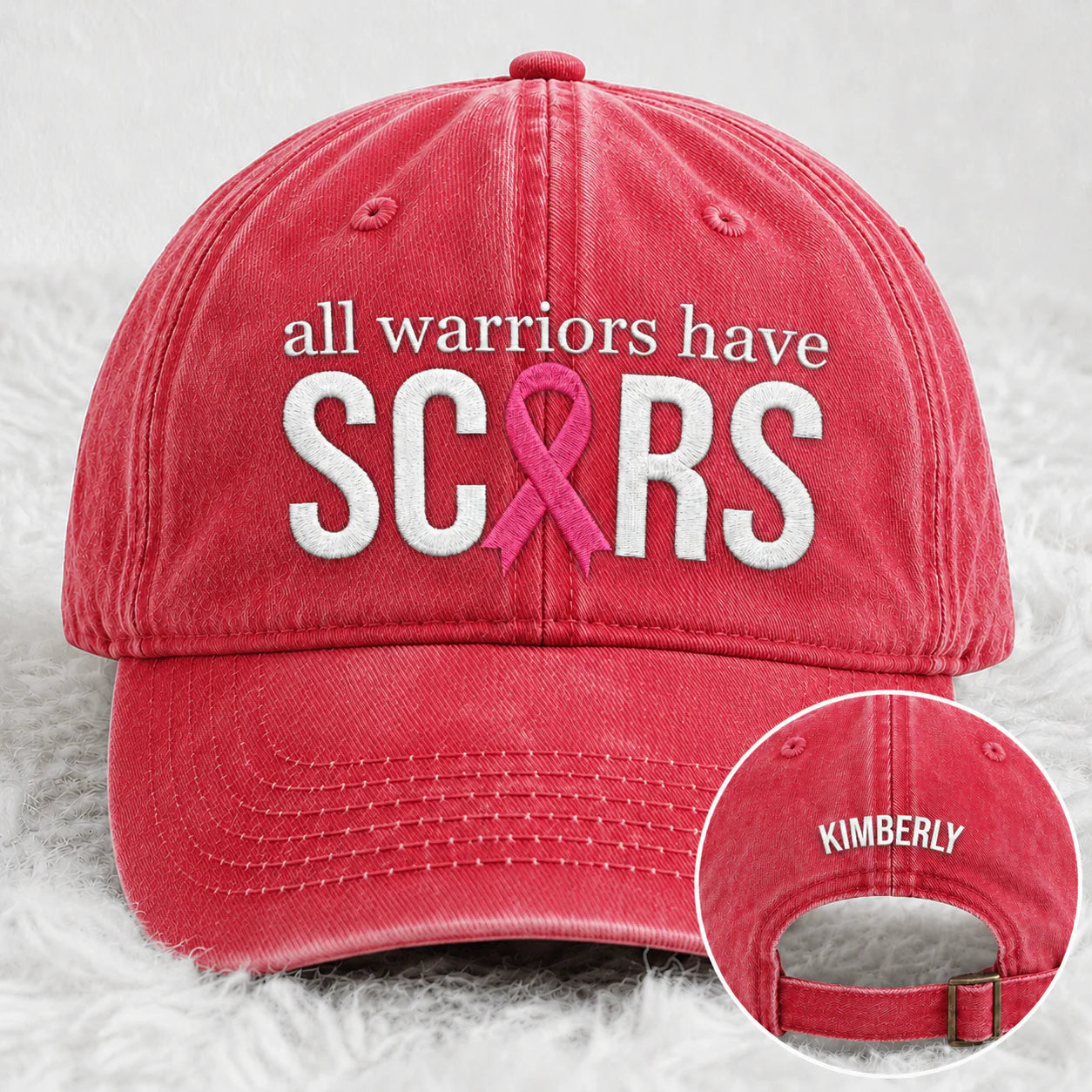 Personalized All Warriors Have Scars Pink Ribbon Embroidered Washed Cap, Awareness Gift
