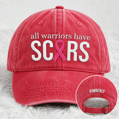 Personalized All Warriors Have Scars Pink Ribbon Embroidered Washed Cap, Awareness Gift