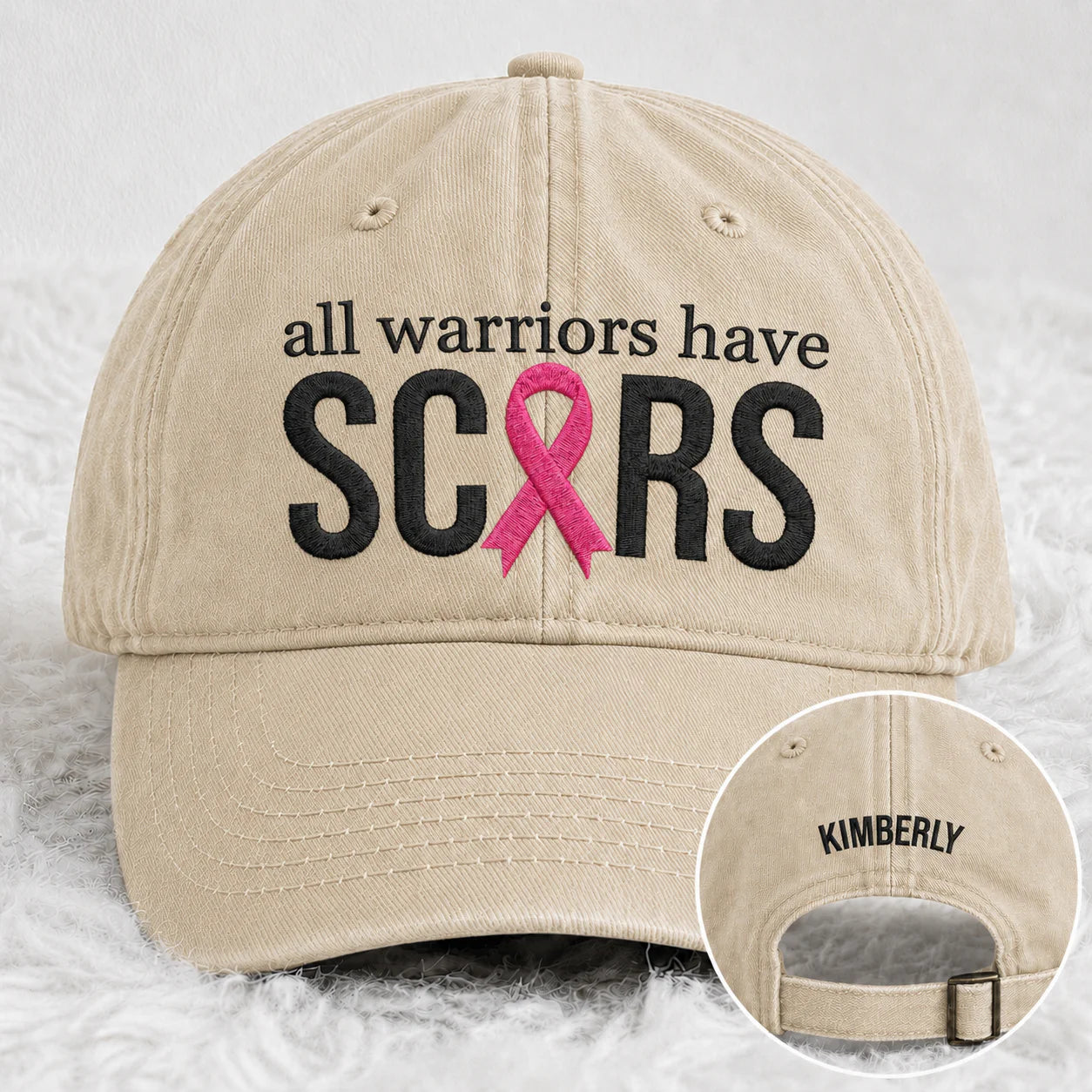 Personalized All Warriors Have Scars Pink Ribbon Embroidered Washed Cap, Awareness Gift