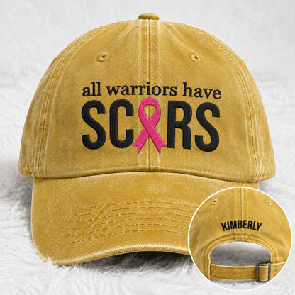 Personalized All Warriors Have Scars Pink Ribbon Embroidered Washed Cap, Awareness Gift