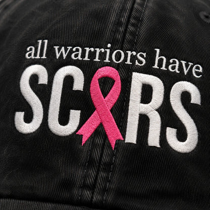 Personalized All Warriors Have Scars Pink Ribbon Embroidered Washed Cap, Awareness Gift