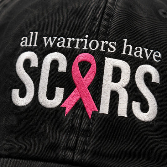 Personalized All Warriors Have Scars Pink Ribbon Embroidered Washed Cap, Awareness Gift