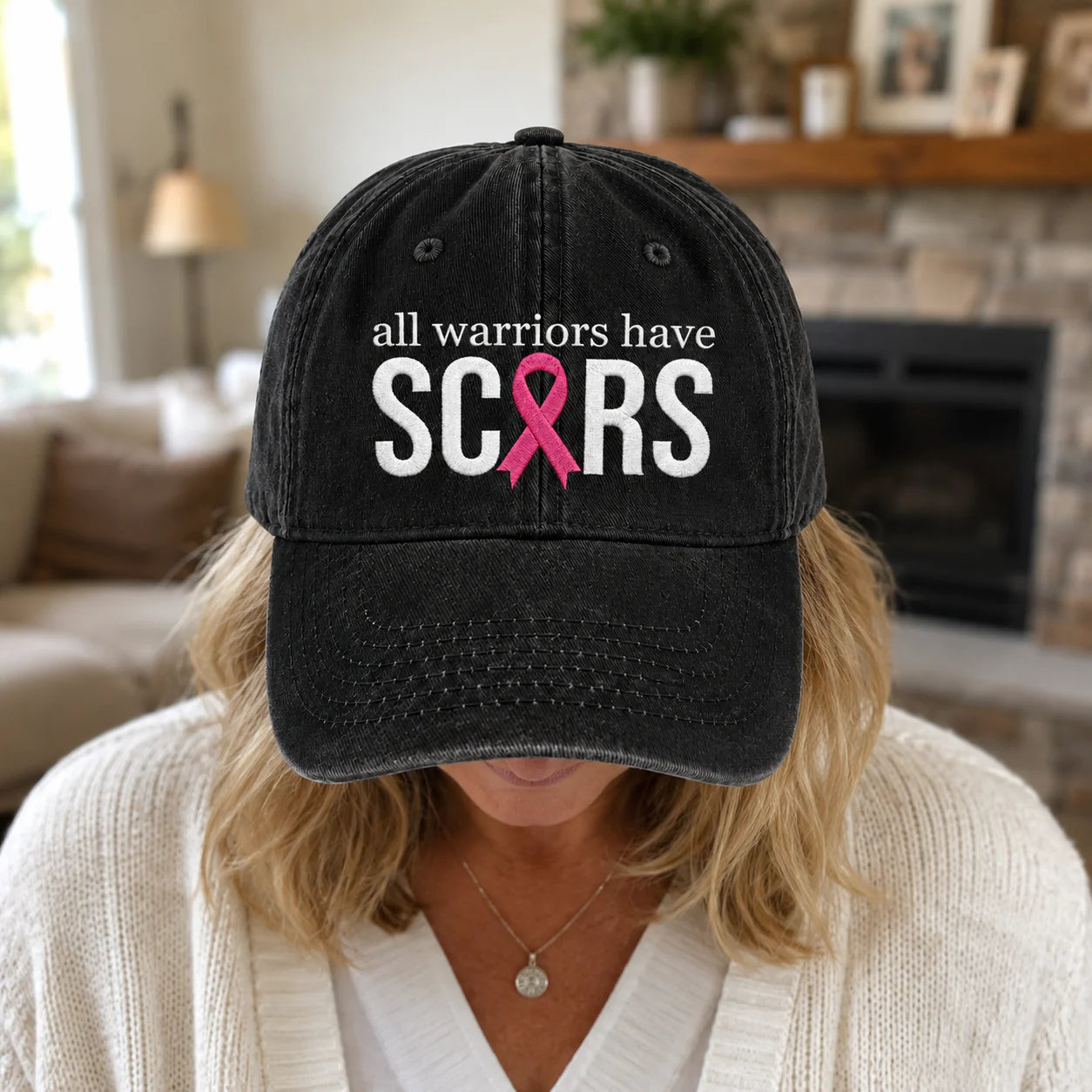 Personalized All Warriors Have Scars Pink Ribbon Embroidered Washed Cap, Awareness Gift