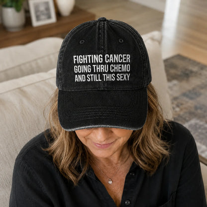 Personalized Still This Sexy Pink Ribbon Quote Embroidered Washed Cap, Awareness Gift