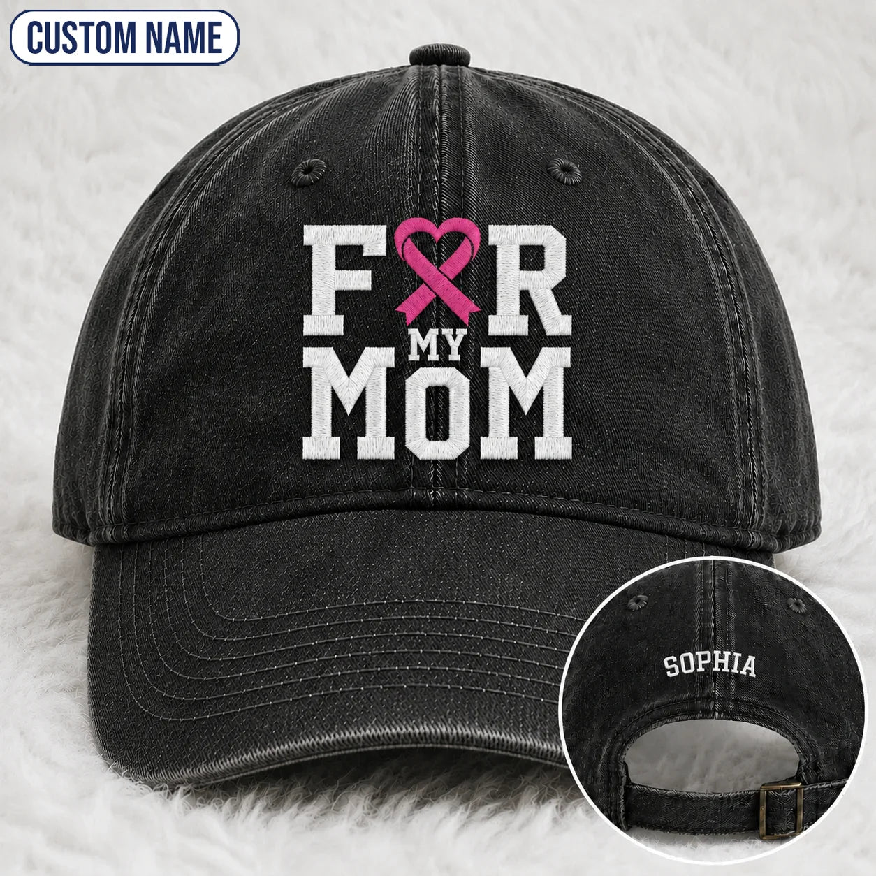 Personalized For My Mom Pink Ribbon Embroidered Washed Cap, Awareness Gift