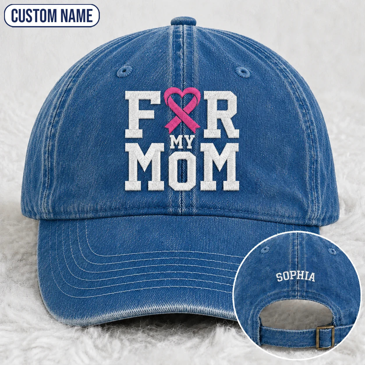 Personalized For My Mom Pink Ribbon Embroidered Washed Cap, Awareness Gift