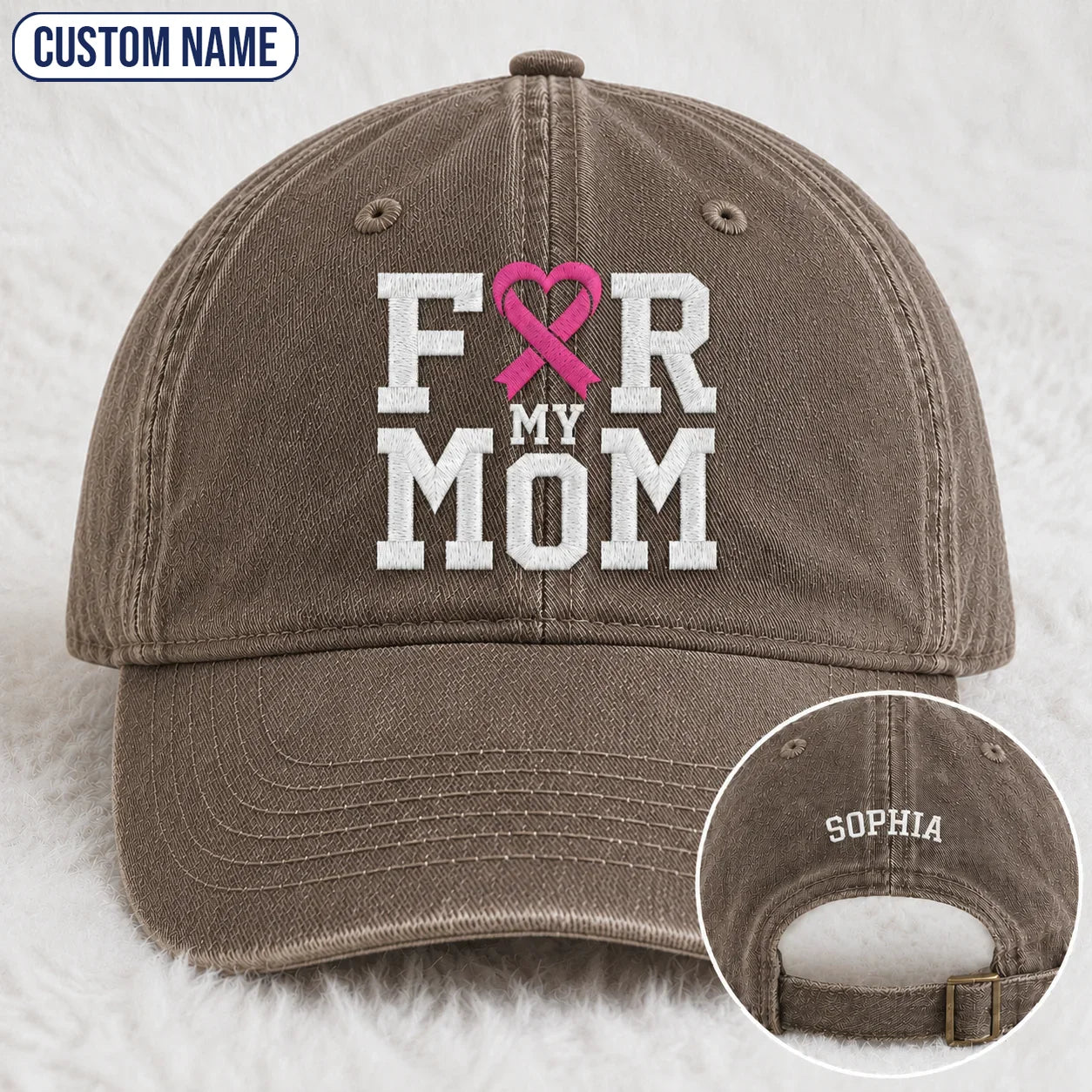 Personalized For My Mom Pink Ribbon Embroidered Washed Cap, Awareness Gift