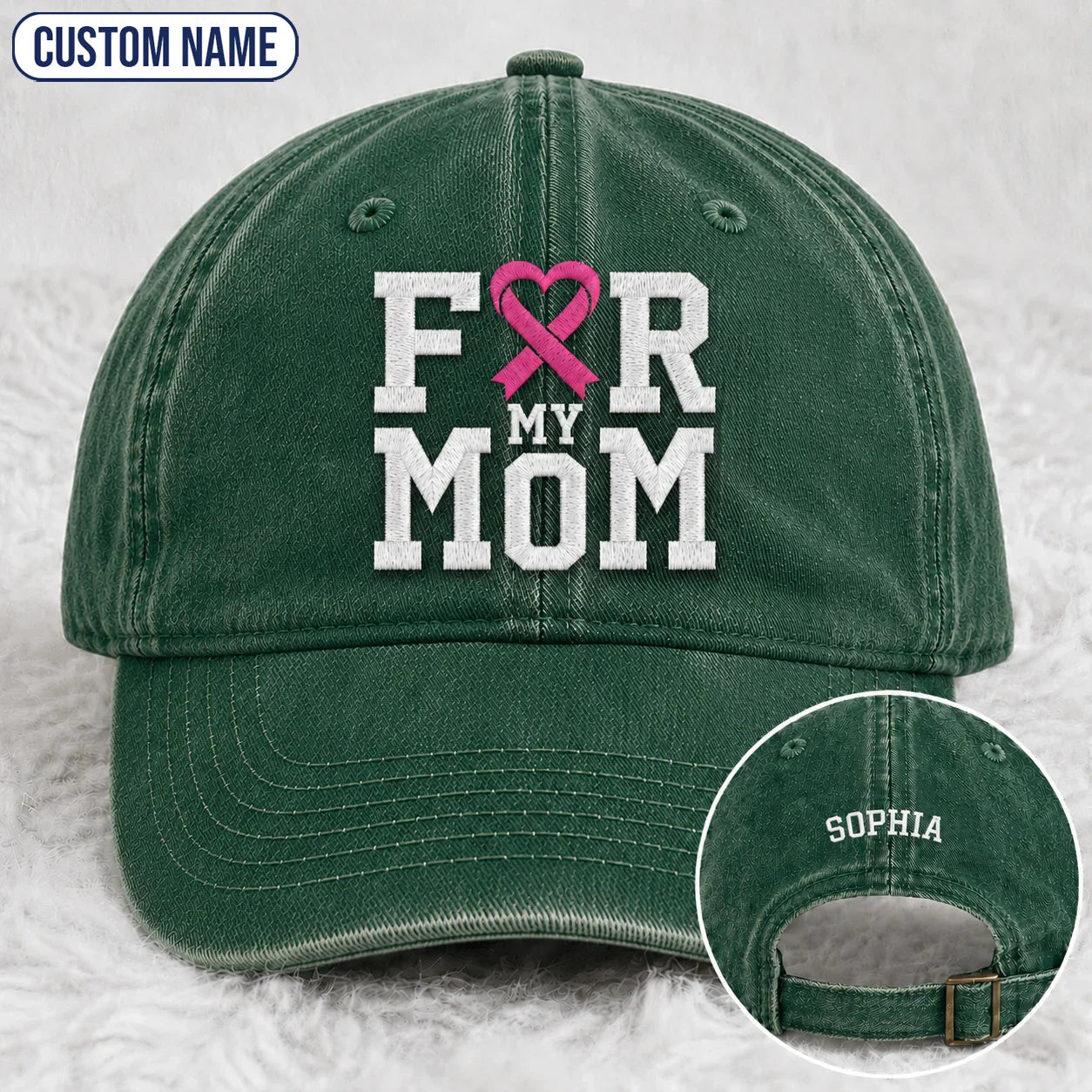 Personalized For My Mom Pink Ribbon Embroidered Washed Cap, Awareness Gift