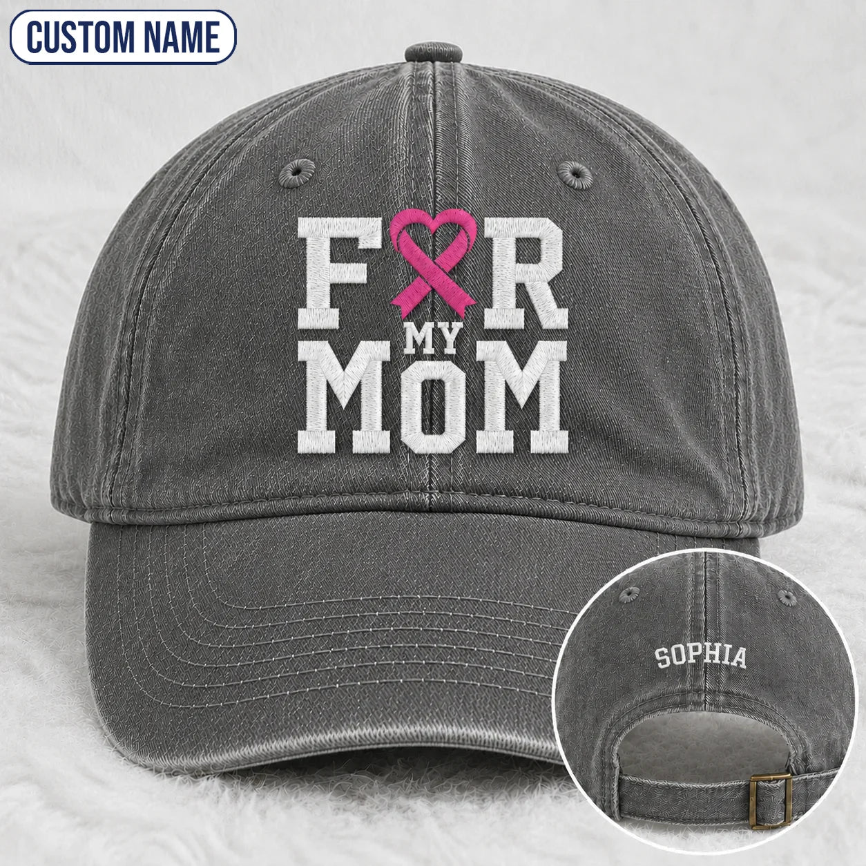 Personalized For My Mom Pink Ribbon Embroidered Washed Cap, Awareness Gift