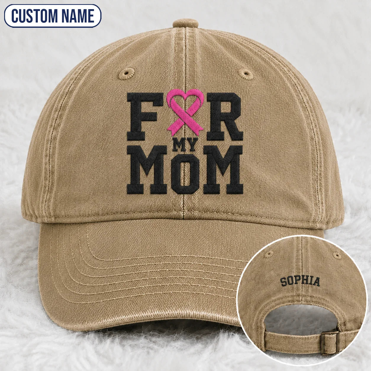Personalized For My Mom Pink Ribbon Embroidered Washed Cap, Awareness Gift