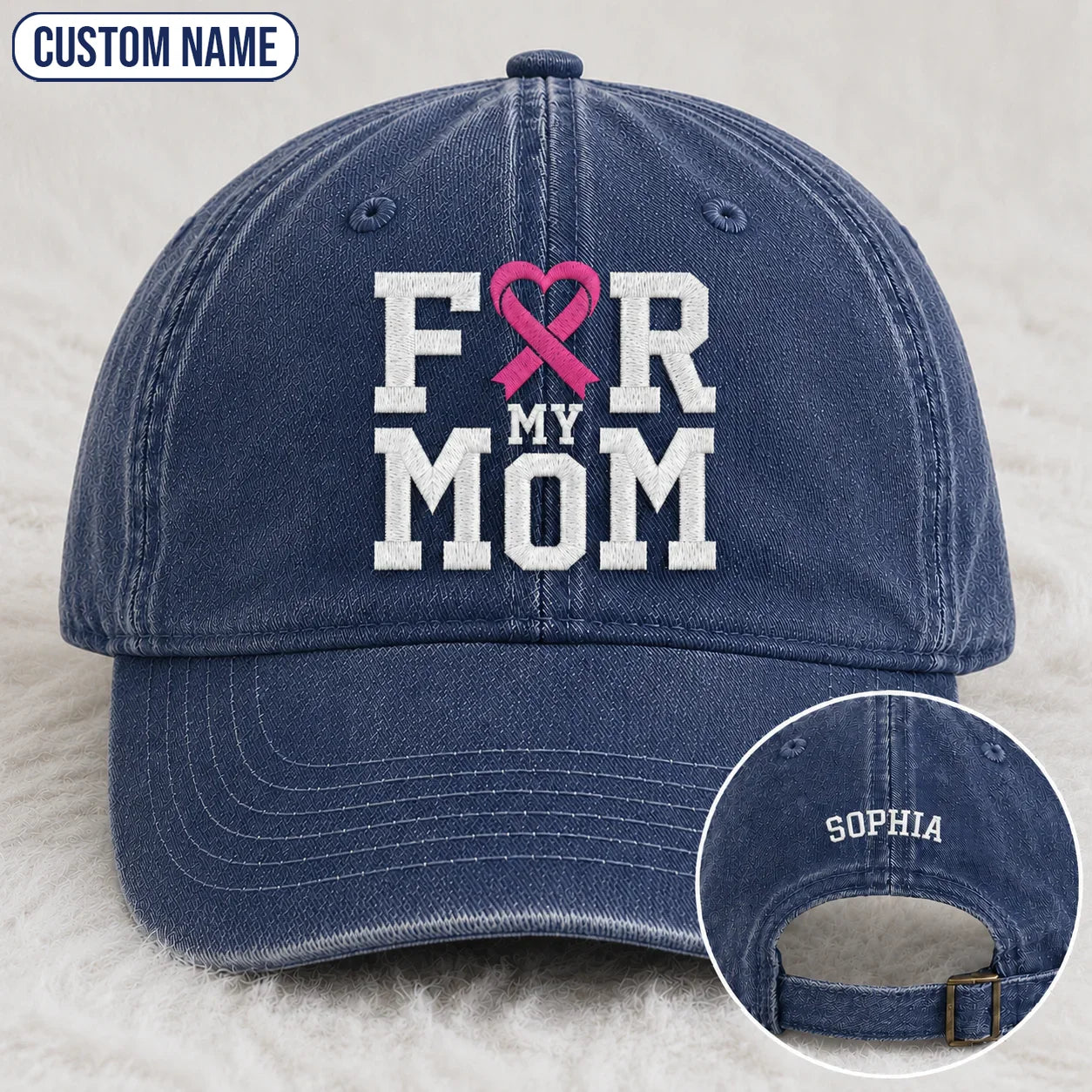 Personalized For My Mom Pink Ribbon Embroidered Washed Cap, Awareness Gift