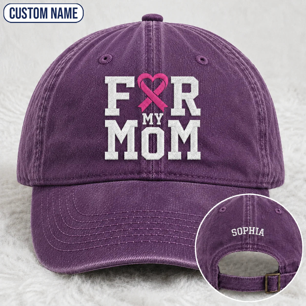 Personalized For My Mom Pink Ribbon Embroidered Washed Cap, Awareness Gift