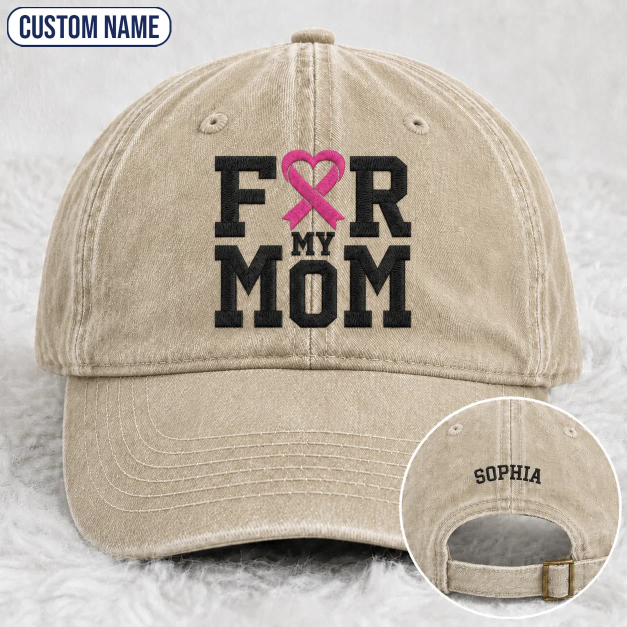 Personalized For My Mom Pink Ribbon Embroidered Washed Cap, Awareness Gift