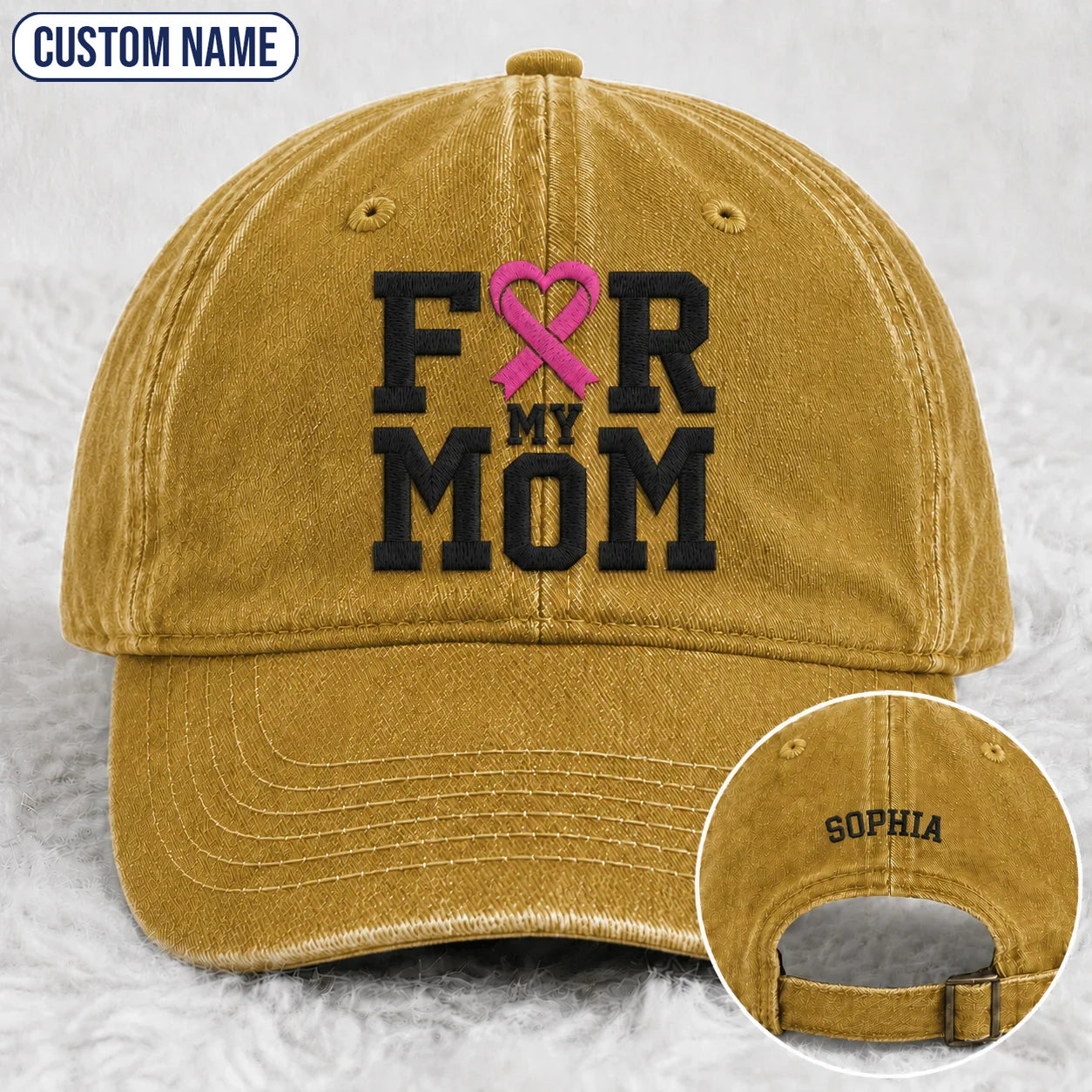Personalized For My Mom Pink Ribbon Embroidered Washed Cap, Awareness Gift