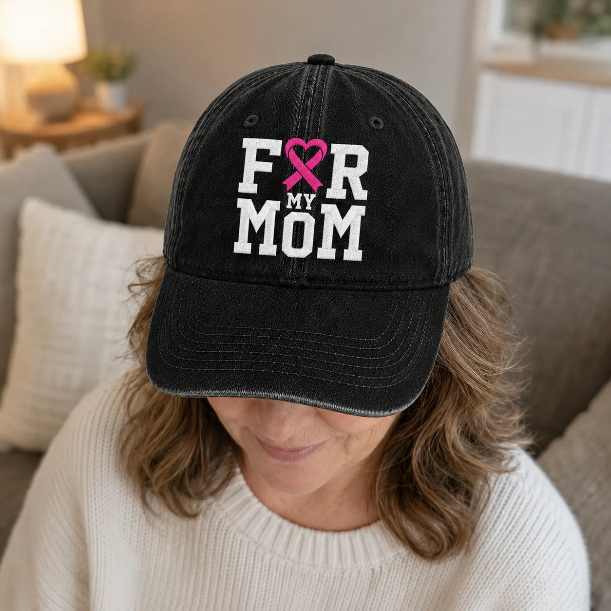 Personalized For My Mom Pink Ribbon Embroidered Washed Cap, Awareness Gift