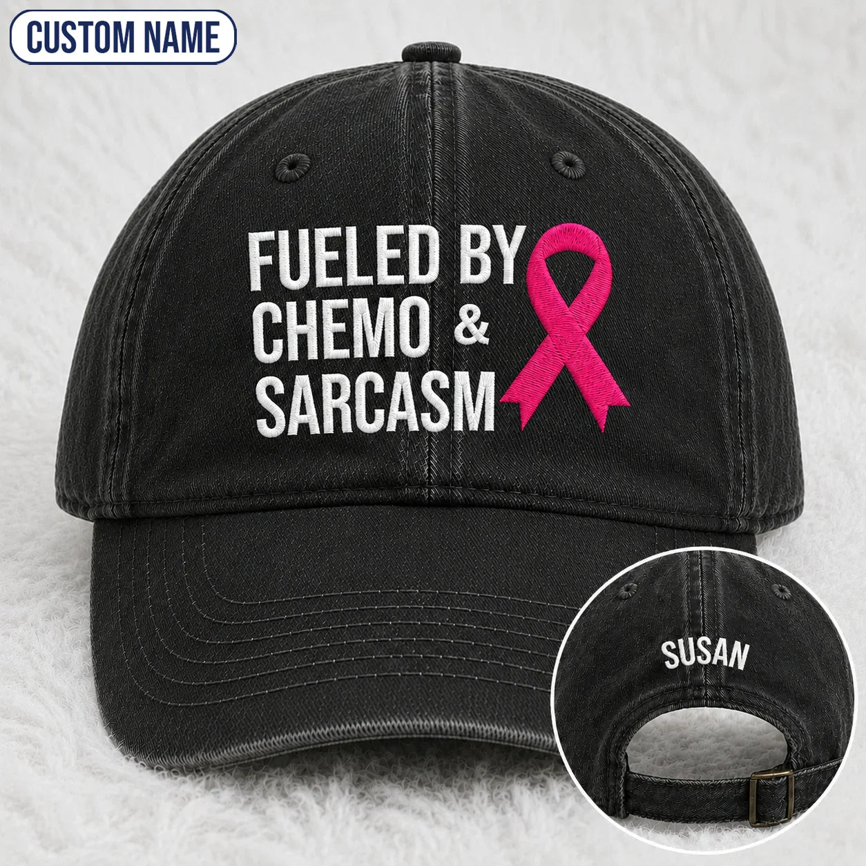 Personalized Fueled By Sarcasm Pink Ribbon Embroidered Washed Cap, Awareness Gift