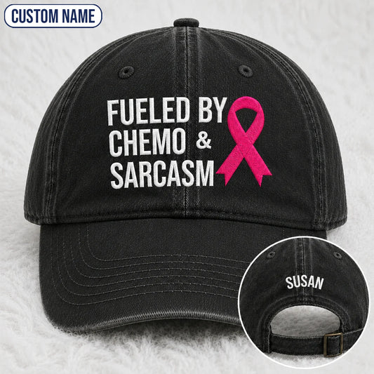 Personalized Fueled By Sarcasm Pink Ribbon Embroidered Washed Cap, Awareness Gift