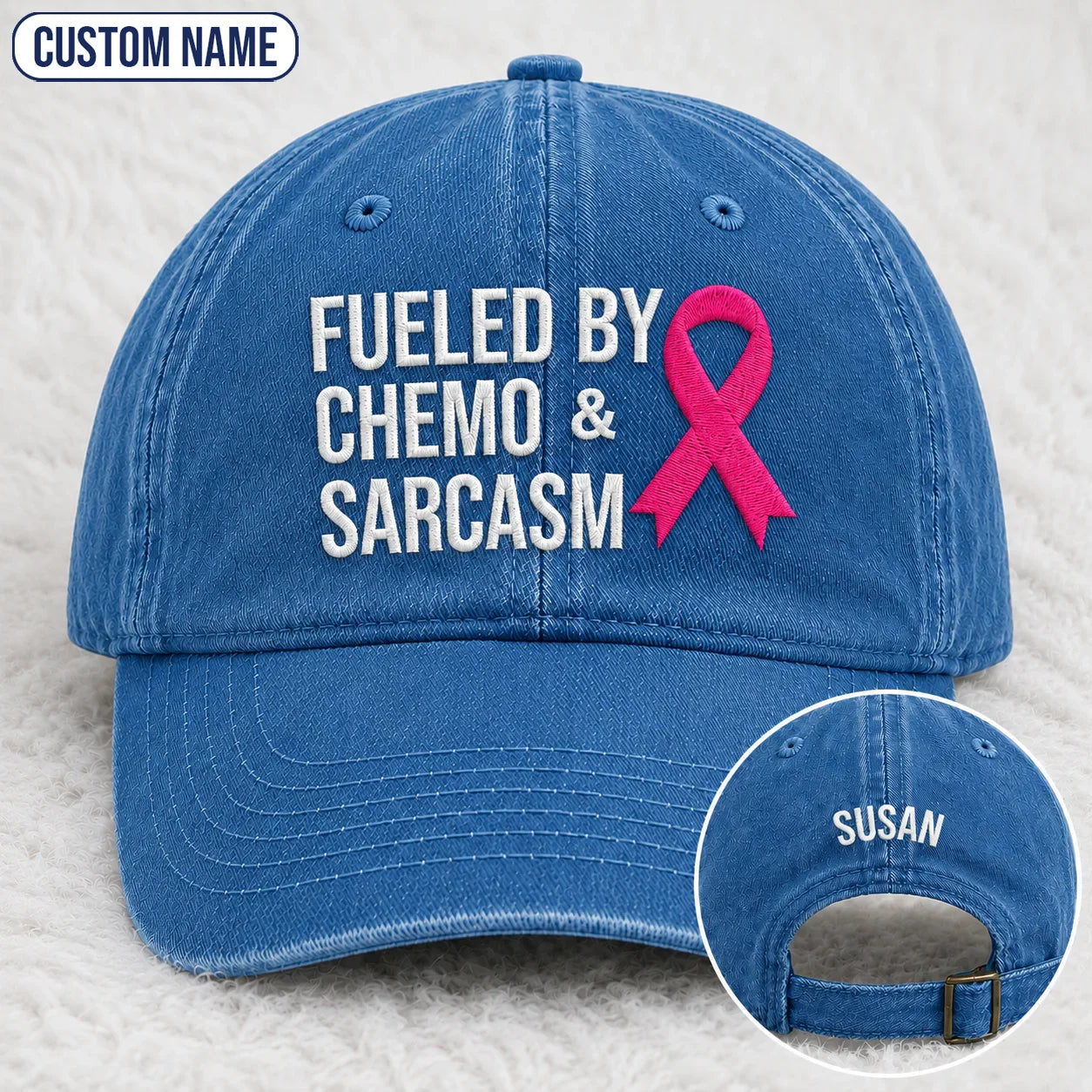 Personalized Fueled By Sarcasm Pink Ribbon Embroidered Washed Cap, Awareness Gift