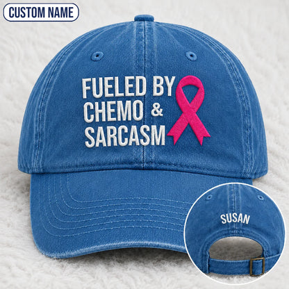 Personalized Fueled By Sarcasm Pink Ribbon Embroidered Washed Cap, Awareness Gift