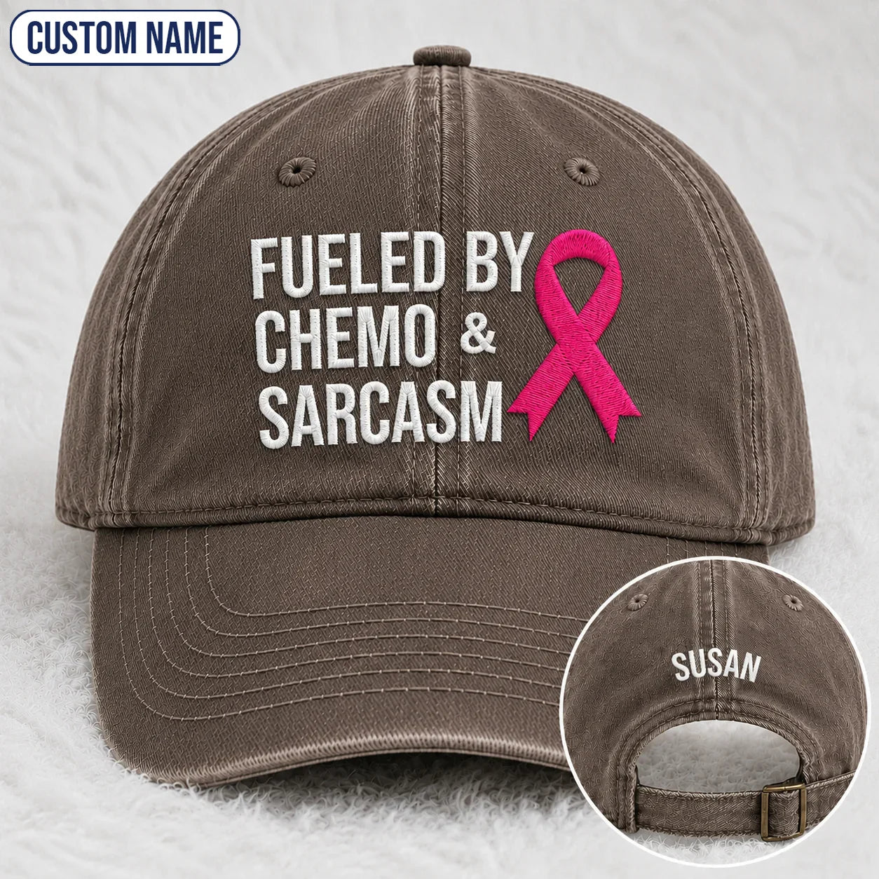 Personalized Fueled By Sarcasm Pink Ribbon Embroidered Washed Cap, Awareness Gift