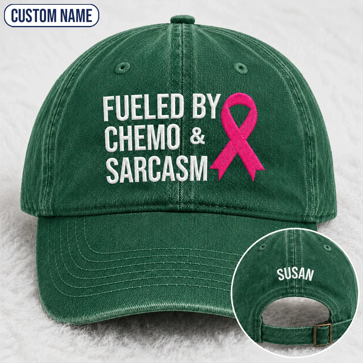 Personalized Fueled By Sarcasm Pink Ribbon Embroidered Washed Cap, Awareness Gift