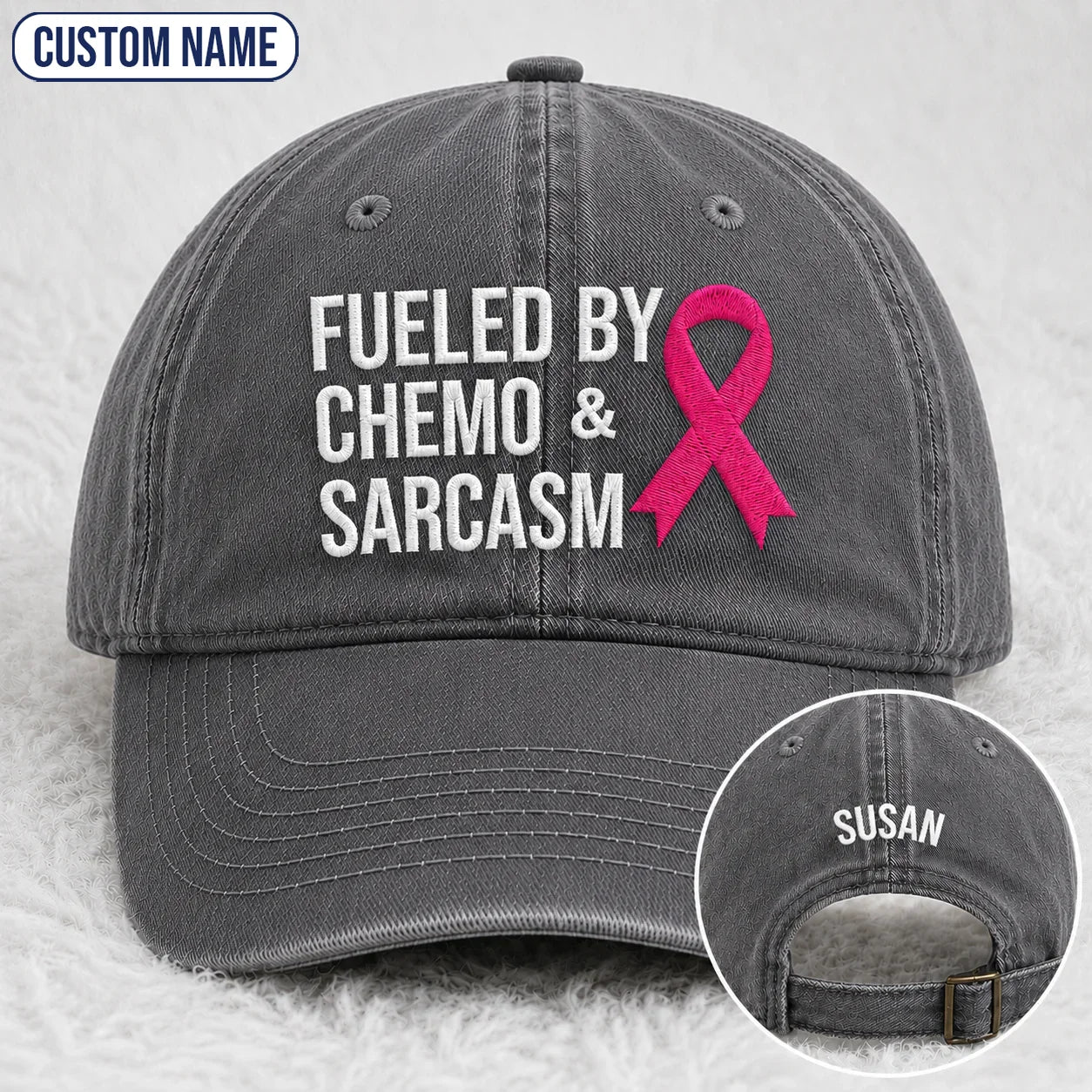 Personalized Fueled By Sarcasm Pink Ribbon Embroidered Washed Cap, Awareness Gift