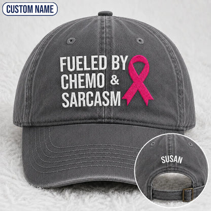Personalized Fueled By Sarcasm Pink Ribbon Embroidered Washed Cap, Awareness Gift