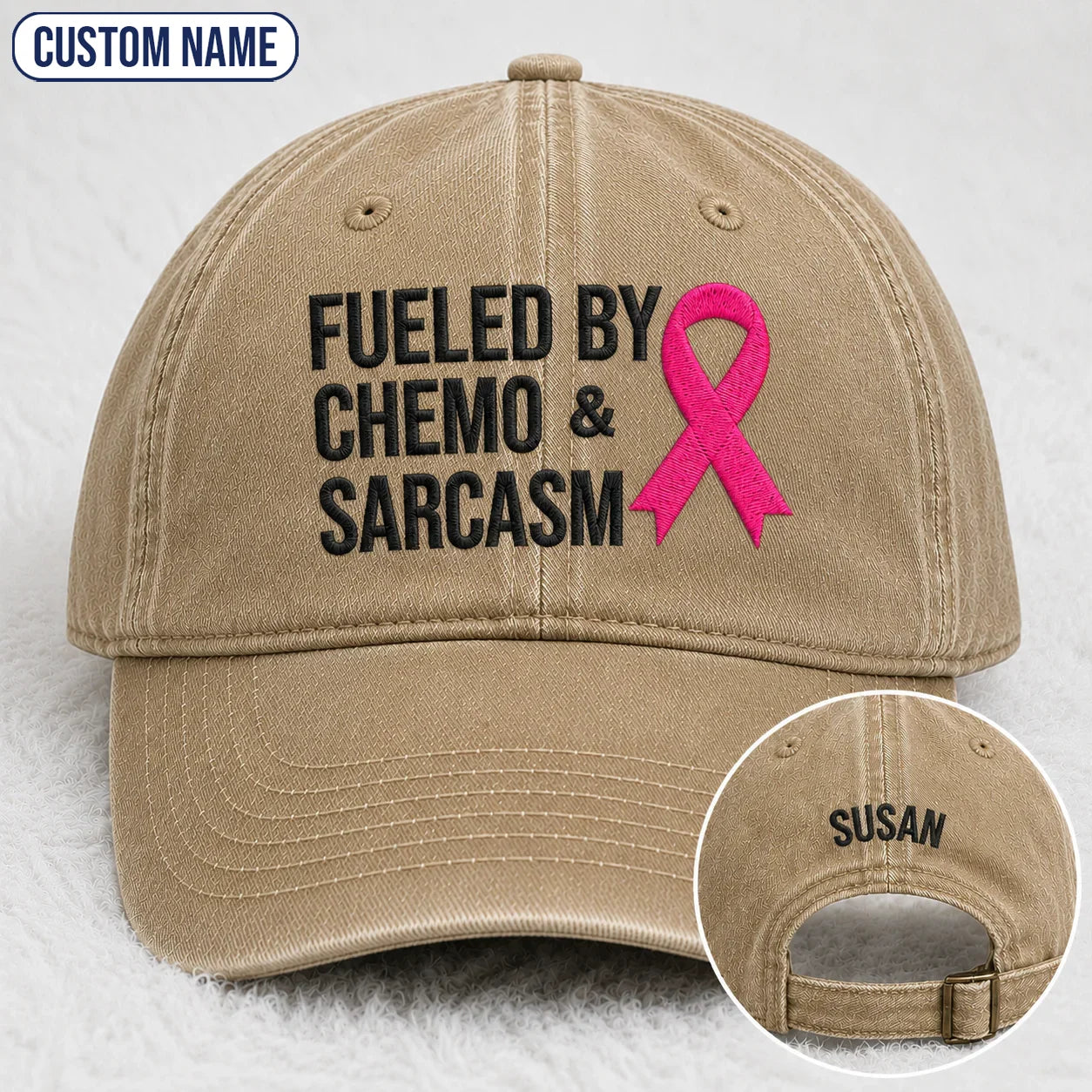 Personalized Fueled By Sarcasm Pink Ribbon Embroidered Washed Cap, Awareness Gift