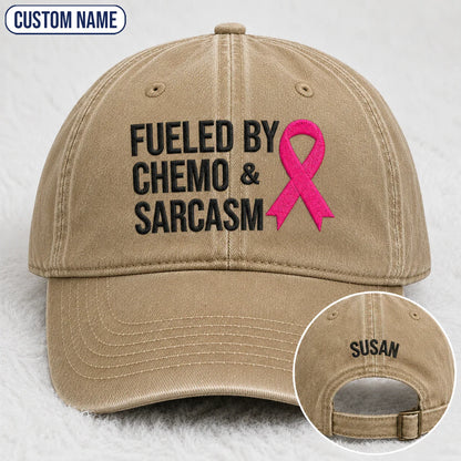 Personalized Fueled By Sarcasm Pink Ribbon Embroidered Washed Cap, Awareness Gift